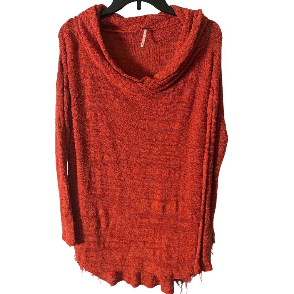 Free People Burnt Orange Cowl Neck Sweater Frayed Hem M Slouchy Boho Earthy